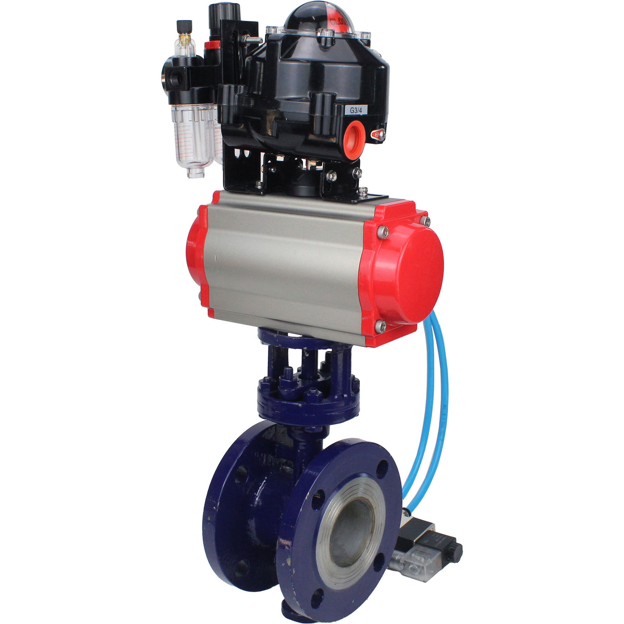 Wasser-Schmetterlingsventil Elephant WBV3EX-3432M-1W-F-ISO, Gehäusematerial - Kohlenstoffstahl, Scheibenmaterial - Edelstahl AISI 316, Dichtung - Metall, pneumatischer Antrieb PA-SA mit Rückstellfedern, 4V320-08 220V, LSU APL-510N EX, ATU AFC2000