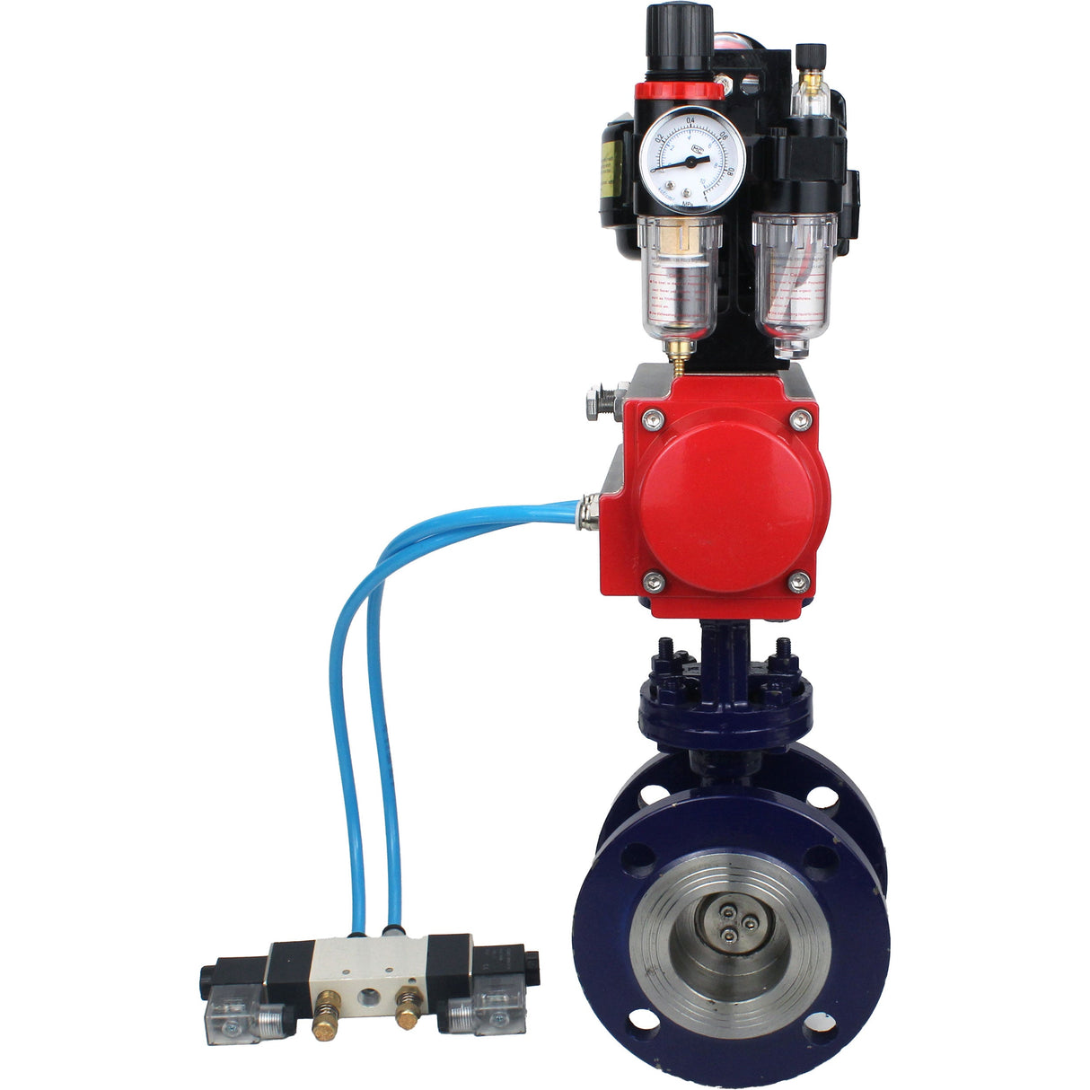 Wasser-Schmetterlingsventil Elephant WBV3EX-3432M-1W-F-ISO, Gehäusematerial - Kohlenstoffstahl, Scheibenmaterial - Edelstahl AISI 316, Dichtung - Metall, pneumatischer Antrieb PA-DA Doppelwirkung, 4V320-08 220V, LSU APL-510N EX, ATU AFC2000
