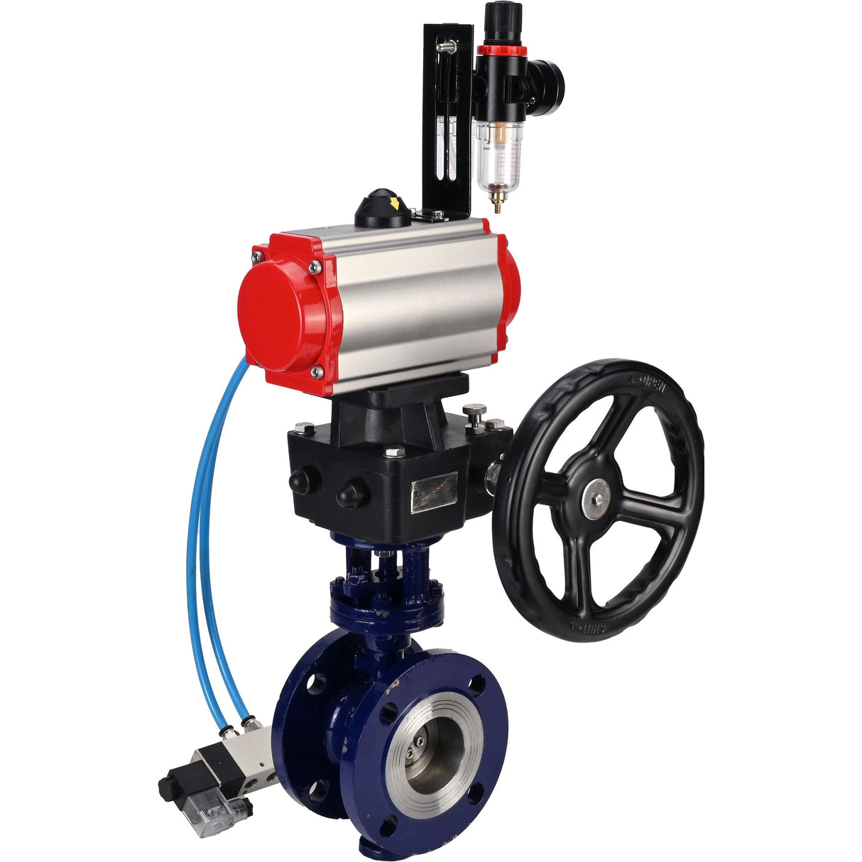 Wasser-Schmetterlingsventil Elephant WBV3EX-3432M-1W-F-ISO, Gehäusematerial - Kohlenstoffstahl, Scheibenmaterial - Edelstahl AISI 316, Dichtung - Metall, pneumatischer Antrieb PA-DA Doppelwirkung, 4V320-08 220V Handrad MON, ATU AFC2000