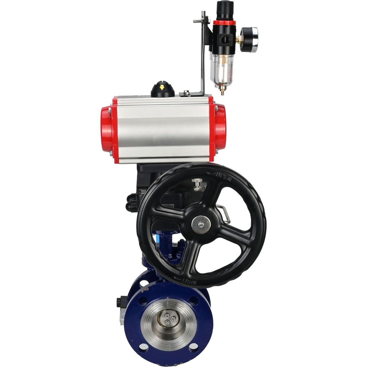 Wasser-Schmetterlingsventil Elephant WBV3EX-3432M-1W-F-ISO, Gehäusematerial - Kohlenstoffstahl, Scheibenmaterial - Edelstahl AISI 316, Dichtung - Metall, pneumatischer Antrieb PA-DA Doppelwirkung, 4V320-08 220V Handrad MON, ATU AFC2000
