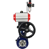 Wasser-Schmetterlingsventil Elephant WBV3EX-3432M-1W-F-ISO, Gehäusematerial - Kohlenstoffstahl, Scheibenmaterial - Edelstahl AISI 316, Dichtung - Metall, pneumatischer Antrieb PA-DA Doppelwirkung, 4V320-08 220V Handrad MON, ATU AFC2000