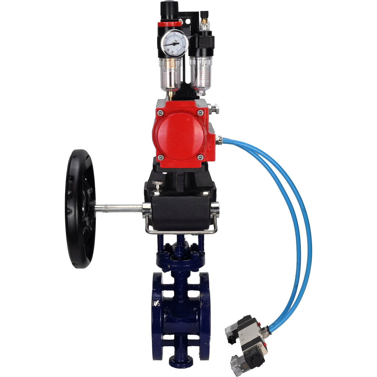 Wasser-Schmetterlingsventil Elephant WBV3EX-3432M-1W-F-ISO, Gehäusematerial - Kohlenstoffstahl, Scheibenmaterial - Edelstahl AISI 316, Dichtung - Metall, pneumatischer Antrieb PA-DA Doppelwirkung, 4V320-10 220V Handrad MON, ATU AFC2000