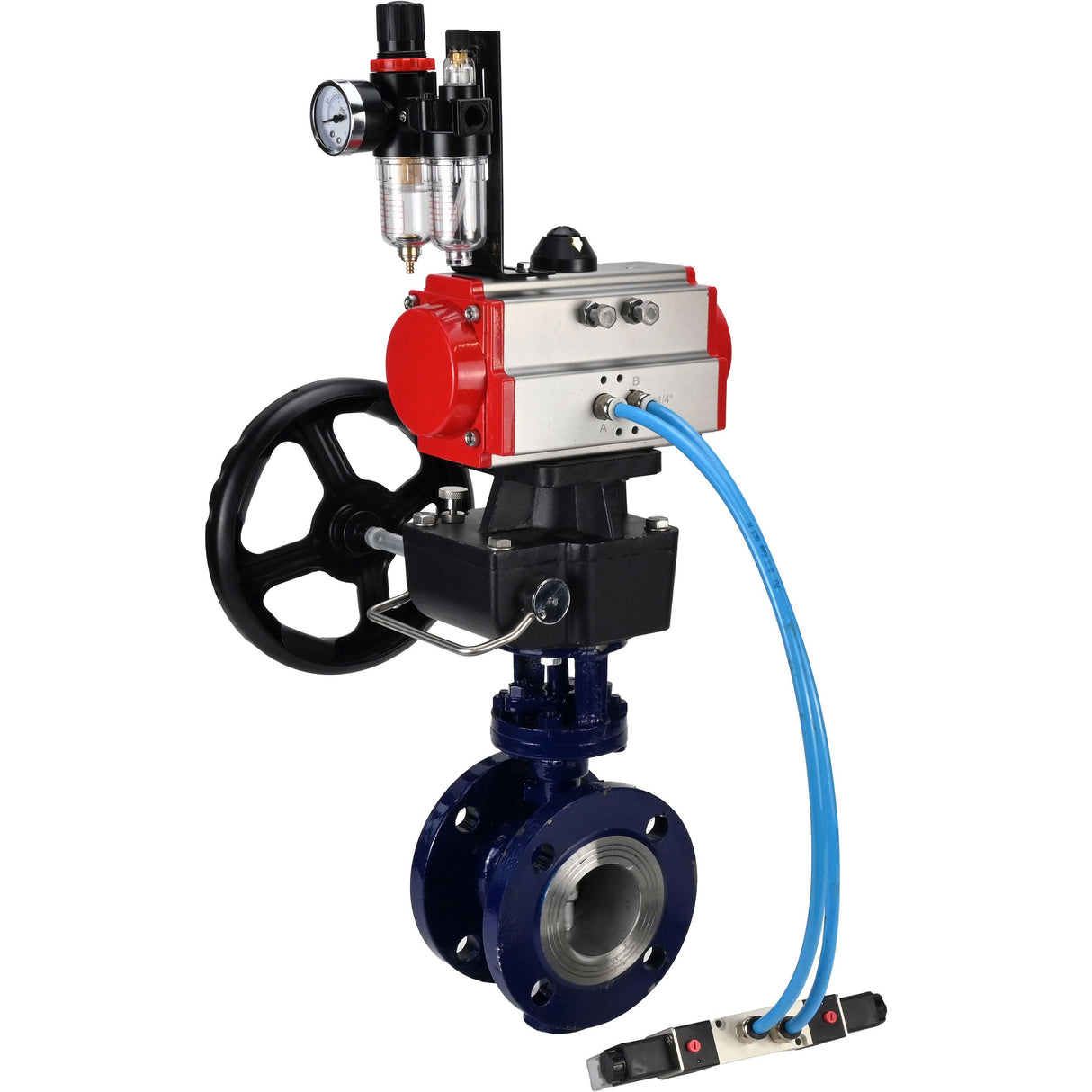 Wasser-Schmetterlingsventil Elephant WBV3EX-3432M-1W-F-ISO, Gehäusematerial - Kohlenstoffstahl, Scheibenmaterial - Edelstahl AISI 316, Dichtung - Metall, pneumatischer Antrieb PA-DA Doppelwirkung, 4V320-10 220V Handrad MON, ATU AFC2000