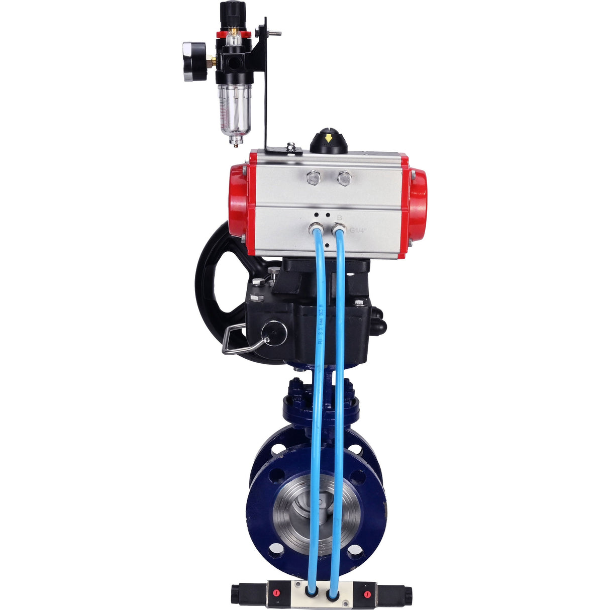 Wasser-Schmetterlingsventil Elephant WBV3EX-3432M-1W-F-ISO, Gehäusematerial - Kohlenstoffstahl, Scheibenmaterial - Edelstahl AISI 316, Dichtung - Metall, pneumatischer Antrieb PA-DA Doppelwirkung, 4V320-08 220V Handrad MON, ATU AFC2000
