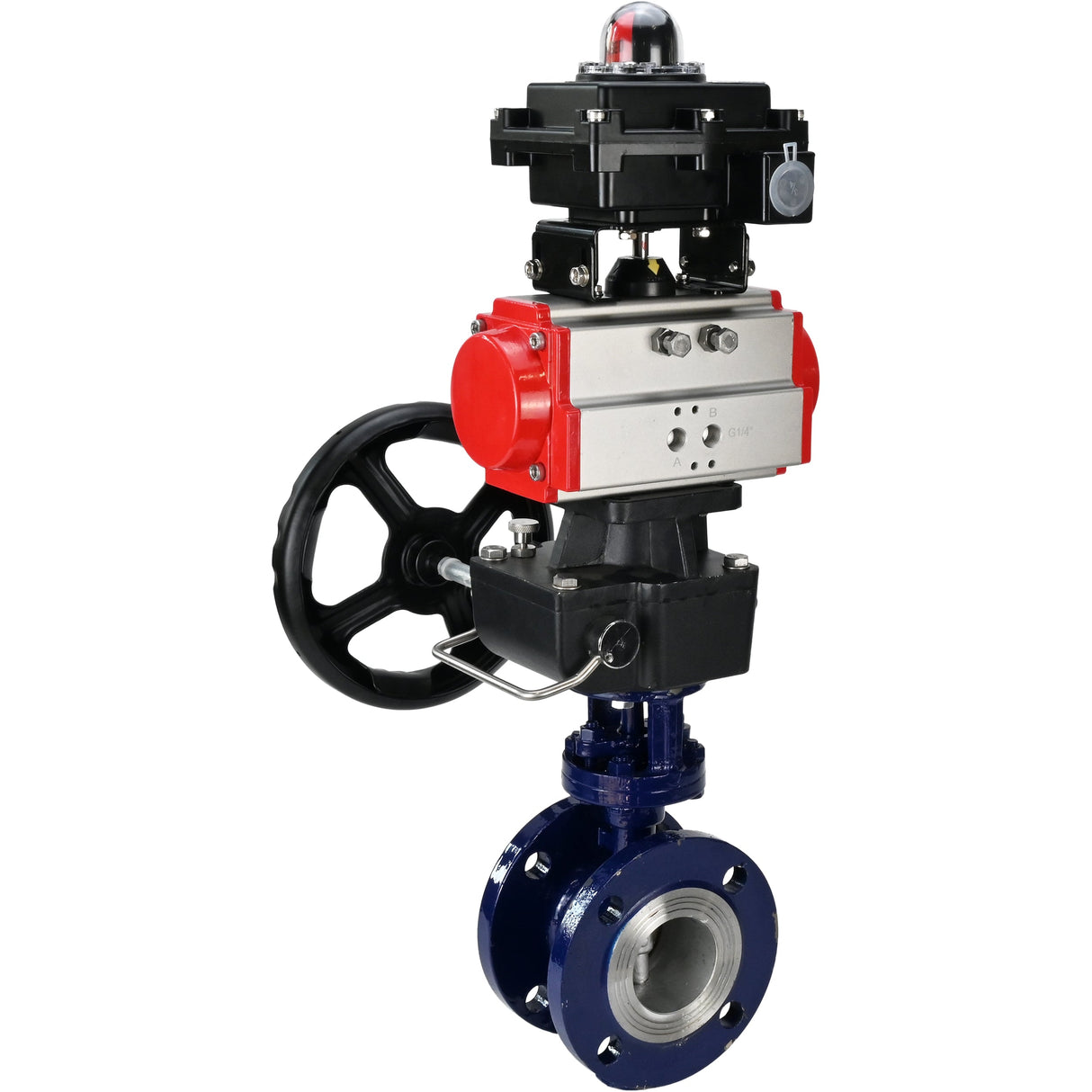 Wasser-Schmetterlingsventil Elephant WBV3EX-3432M-1W-F-ISO, Gehäusematerial - Kohlenstoffstahl, Scheibenmaterial - Edelstahl AISI 316, Dichtung - Metall, pneumatischer Antrieb PA-DA Doppelwirkung, LSU APL-410N EX, Handrad MON