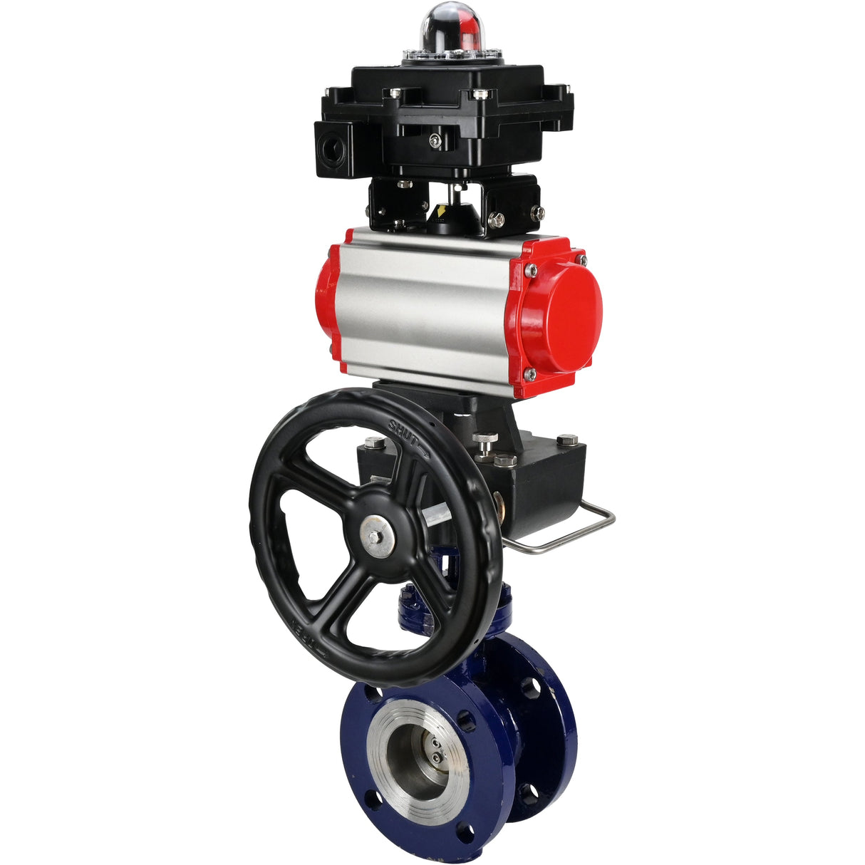 Wasser-Schmetterlingsventil Elephant WBV3EX-3432M-1W-F-ISO, Gehäusematerial - Kohlenstoffstahl, Scheibenmaterial - Edelstahl AISI 316, Dichtung - Metall, pneumatischer Antrieb PA-DA Doppelwirkung, LSU APL-410N EX, Handrad MON