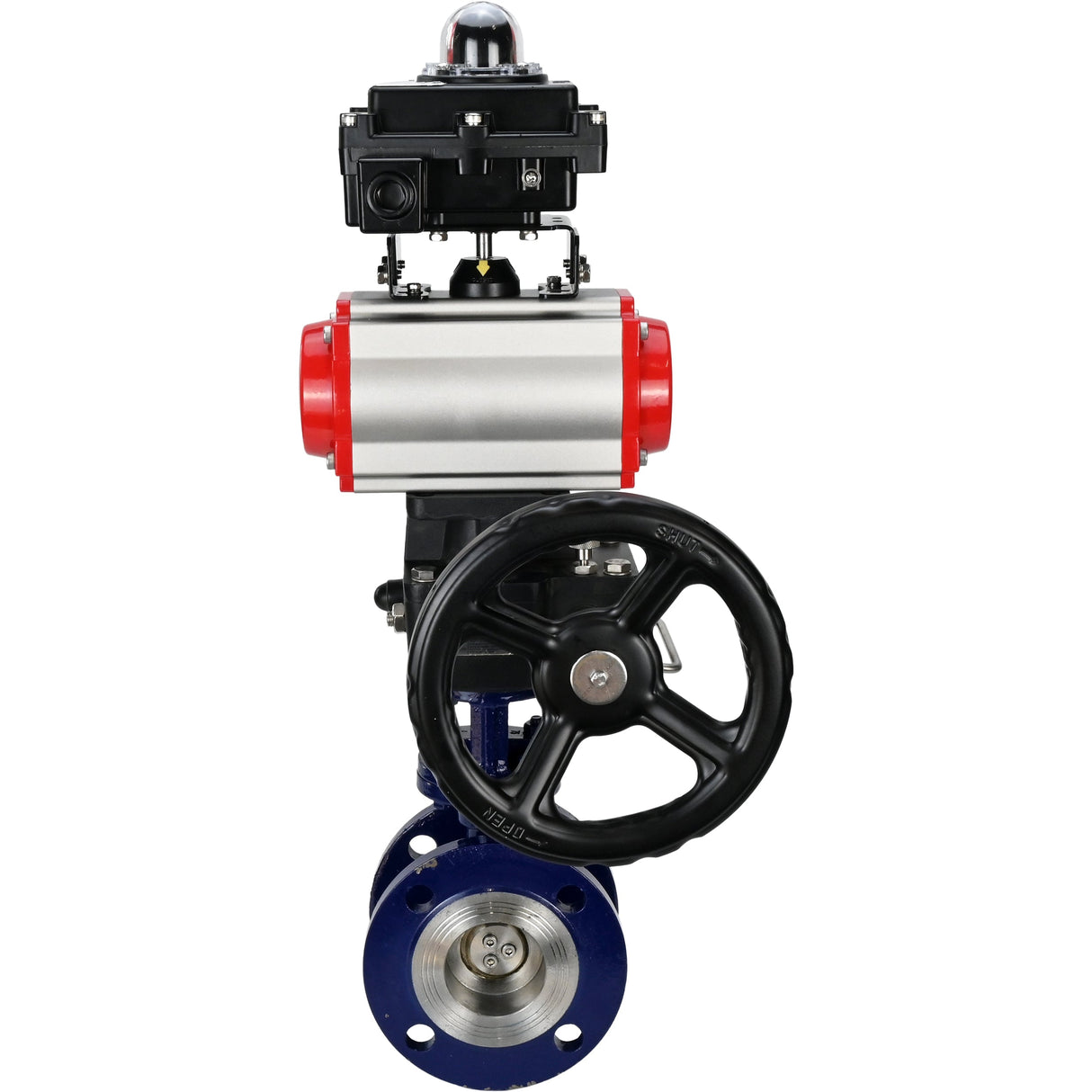 Wasser-Schmetterlingsventil Elephant WBV3EX-3432M-1W-F-ISO, Gehäusematerial - Kohlenstoffstahl, Scheibenmaterial - Edelstahl AISI 316, Dichtung - Metall, pneumatischer Antrieb PA-DA Doppelwirkung, LSU APL-410N EX, Handrad MON