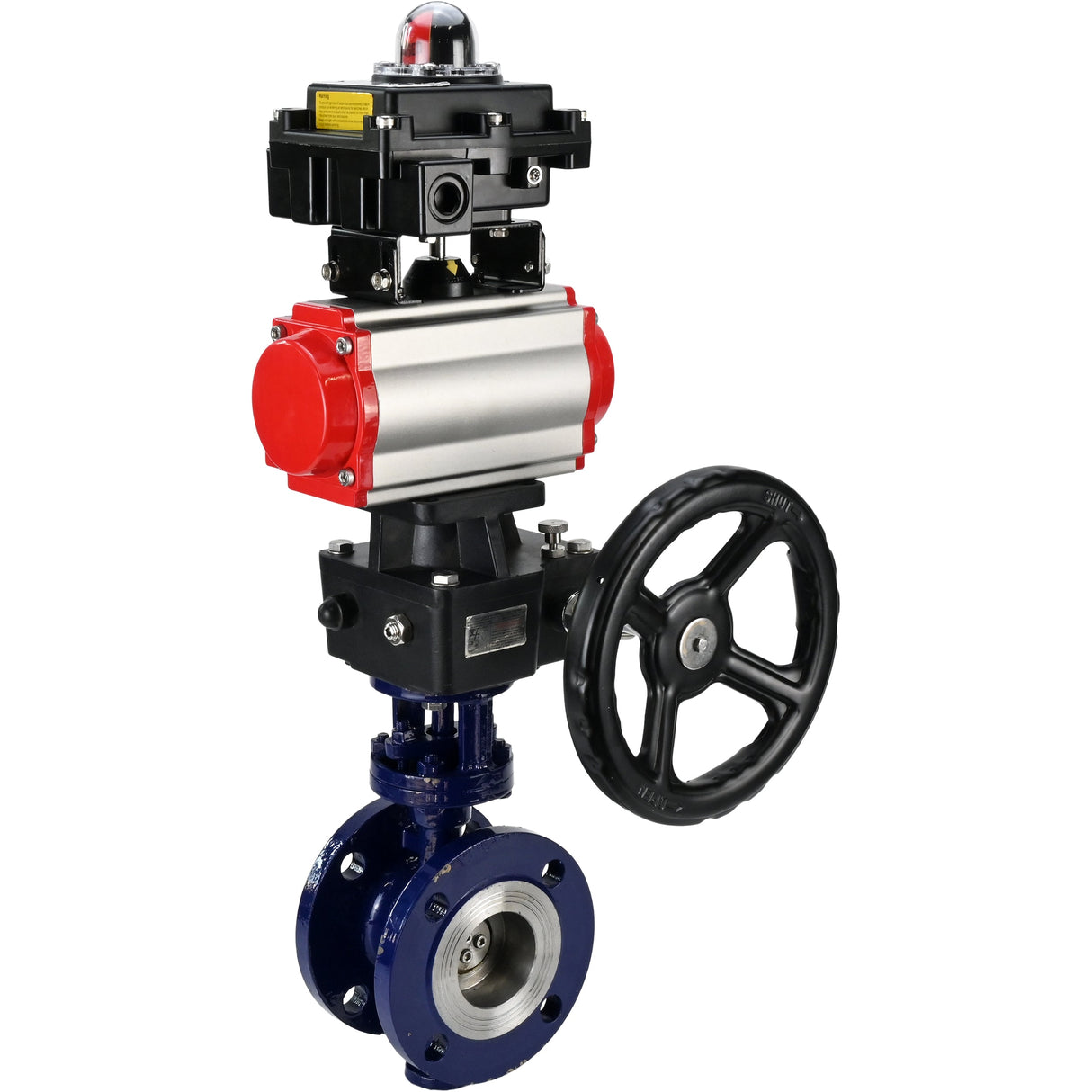 Wasser-Schmetterlingsventil Elephant WBV3EX-3432M-1W-F-ISO, Gehäusematerial - Kohlenstoffstahl, Scheibenmaterial - Edelstahl AISI 316, Dichtung - Metall, pneumatischer Antrieb PA-DA Doppelwirkung, LSU APL-410N EX, Handrad MON