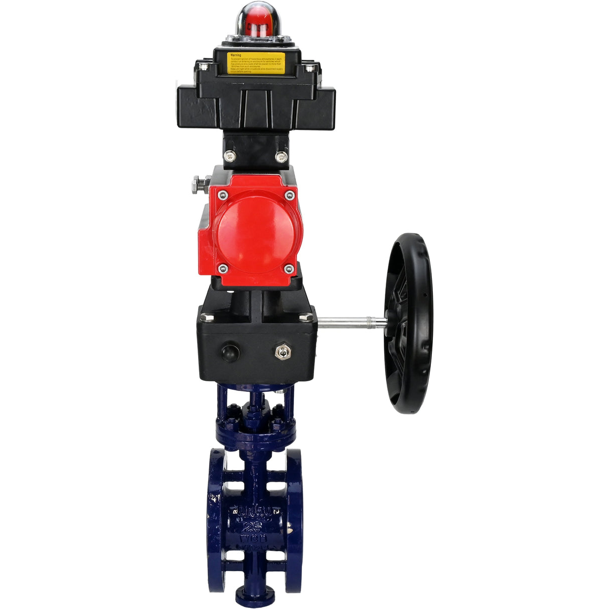 Wasser-Schmetterlingsventil Elephant WBV3EX-3432M-1W-F-ISO, Gehäusematerial - Kohlenstoffstahl, Scheibenmaterial - Edelstahl AISI 316, Dichtung - Metall, pneumatischer Antrieb PA-DA Doppelwirkung, LSU APL-410N EX, Handrad MON