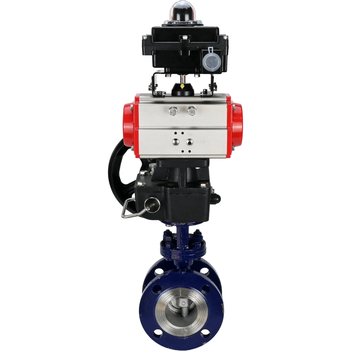 Wasser-Schmetterlingsventil Elephant WBV3EX-3432M-1W-F-ISO, Gehäusematerial - Kohlenstoffstahl, Scheibenmaterial - Edelstahl AISI 316, Dichtung - Metall, pneumatischer Antrieb PA-DA Doppelwirkung, LSU APL-410N EX, Handrad MON