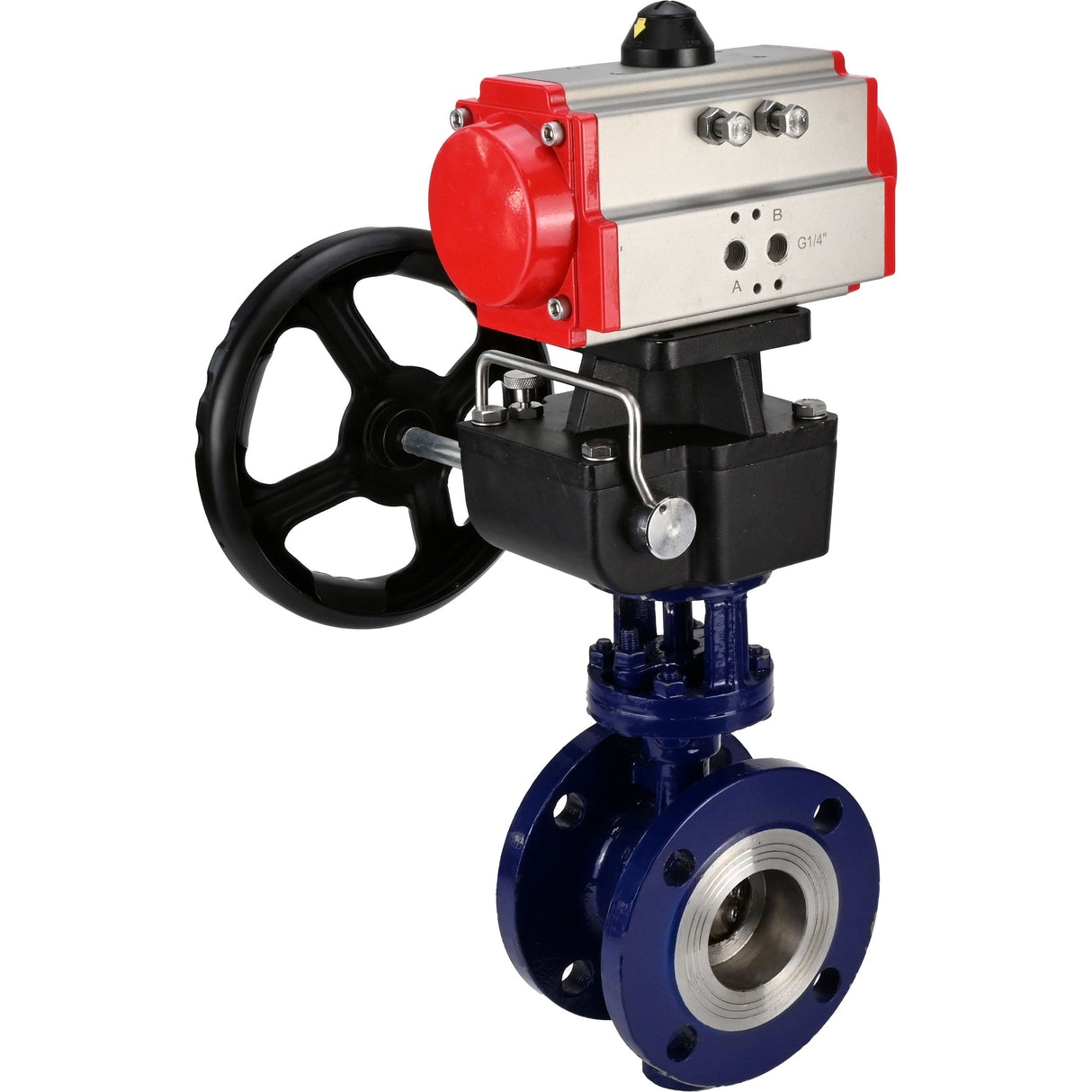 Wasser-Schmetterlingsventil Elephant WBV3EX-3432M-1W-F-ISO, Gehäusematerial - Kohlenstoffstahl, Scheibenmaterial - Edelstahl AISI 316, Dichtung - Metall, pneumatischer Antrieb PA-DA Doppelwirkend Handrad MON