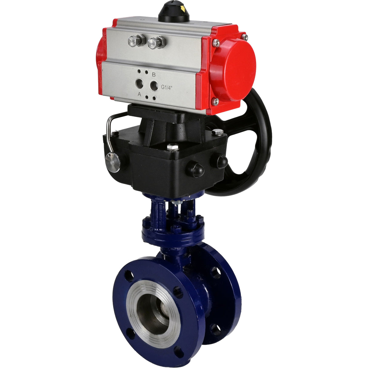 Wasser-Schmetterlingsventil Elephant WBV3EX-3432M-1W-F-ISO, Gehäusematerial - Kohlenstoffstahl, Scheibenmaterial - Edelstahl AISI 316, Dichtung - Metall, pneumatischer Antrieb PA-DA Doppelwirkend Handrad MON