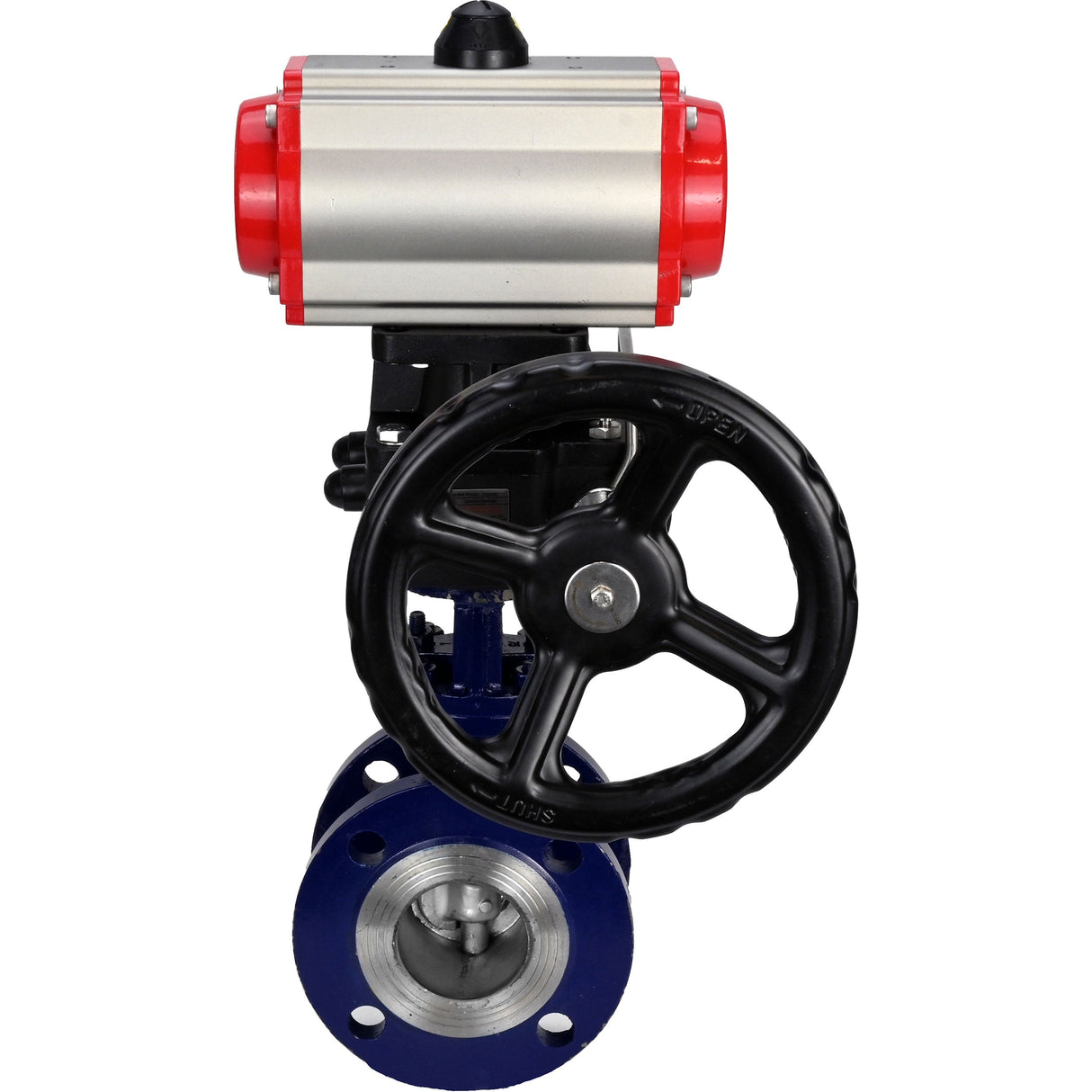 Wasser-Schmetterlingsventil Elephant WBV3EX-3432M-1W-F-ISO, Gehäusematerial - Kohlenstoffstahl, Scheibenmaterial - Edelstahl AISI 316, Dichtung - Metall, pneumatischer Antrieb PA-DA Doppelwirkend Handrad MON