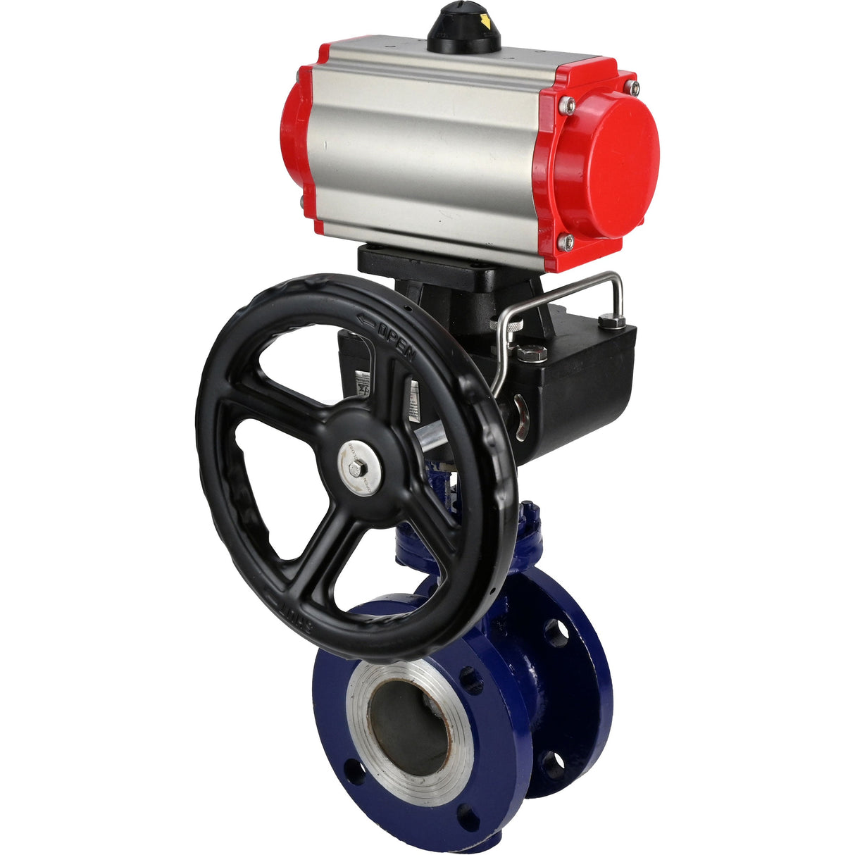 Wasser-Schmetterlingsventil Elephant WBV3EX-3432M-1W-F-ISO, Gehäusematerial - Kohlenstoffstahl, Scheibenmaterial - Edelstahl AISI 316, Dichtung - Metall, pneumatischer Antrieb PA-DA Doppelwirkend Handrad MON