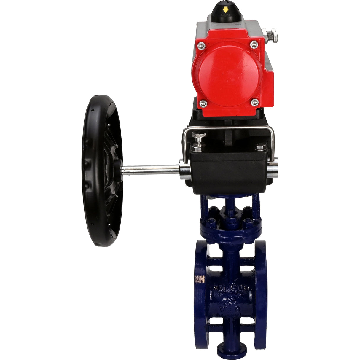 Wasser-Schmetterlingsventil Elephant WBV3EX-3432M-1W-F-ISO, Gehäusematerial - Kohlenstoffstahl, Scheibenmaterial - Edelstahl AISI 316, Dichtung - Metall, pneumatischer Antrieb PA-DA Doppelwirkend Handrad MON
