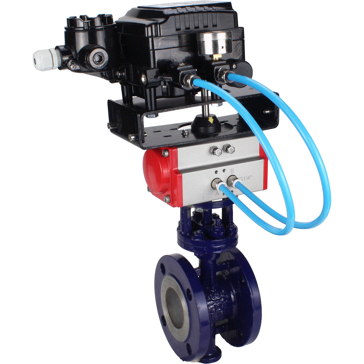 Wasser-Schmetterlingsventil Elephant WBV3EX-3432M-1W-F-ISO, Gehäusematerial - Kohlenstoffstahl, Scheibenmaterial - Edelstahl AISI 316, Dichtung - Metall, pneumatischer Antrieb PA-DA Doppelwirkung, Positionsgeber YT-1000RSN mit Rückmeldung