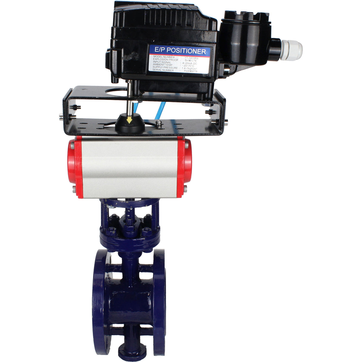Wasser-Schmetterlingsventil Elephant WBV3EX-3432M-1W-F-ISO, Gehäusematerial - Kohlenstoffstahl, Scheibenmaterial - Edelstahl AISI 316, Dichtung - Metall, pneumatischer Antrieb PA-DA Doppelwirkung, Positionsgeber YT-1000RSN ohne Rückmeldung