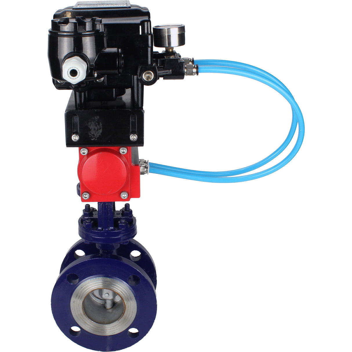 Wasser-Schmetterlingsventil Elephant WBV3EX-3432M-1W-F-ISO, Gehäusematerial - Kohlenstoffstahl, Scheibenmaterial - Edelstahl AISI 316, Dichtung - Metall, pneumatischer Antrieb PA-SA mit Rückstellfedern, Positionsgeber YT-1000RSN mit Rückmeldung