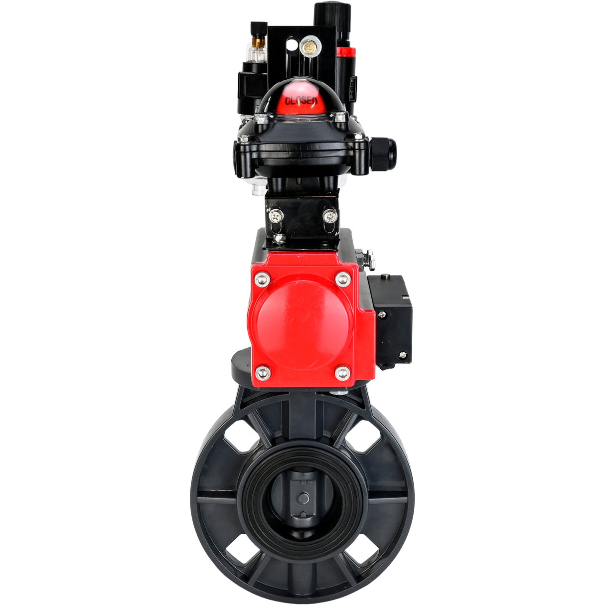 Butterfly valves Elephant WBV4242E-2W-Fb-ISO, body material - UPVC, disc material - UPVC, seal - EPDM, with pneumatic actuator double action PA-DA, pneumatic distributor 4M310-08 220V, LSU APL-210N and ATU AFC2000