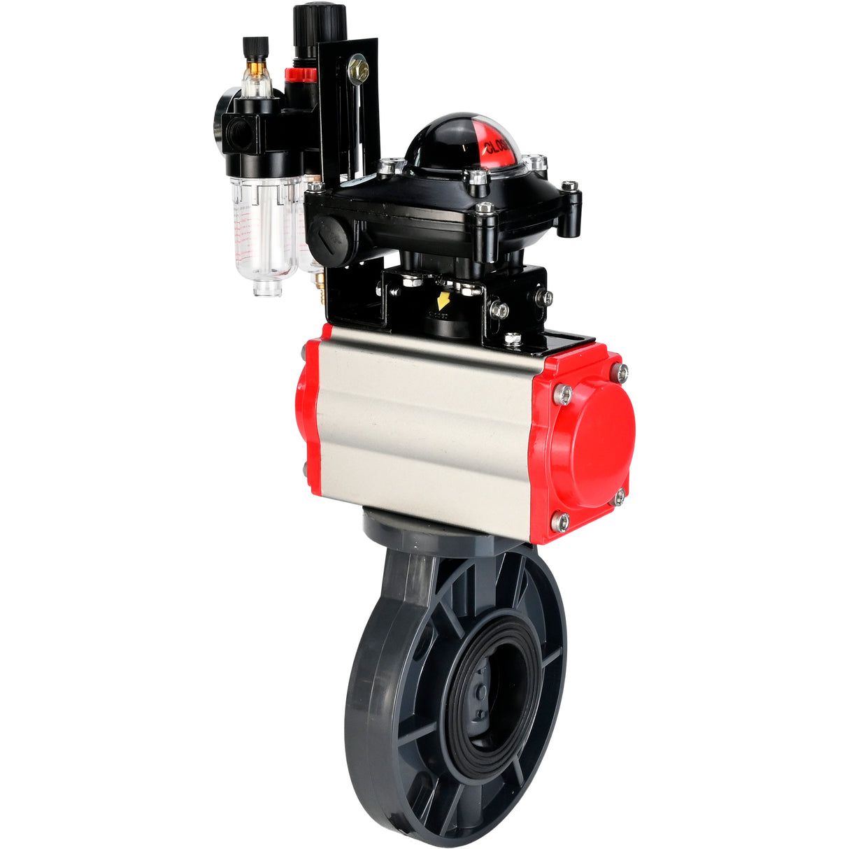Butterfly valves Elephant WBV4242E-2W-Fb-ISO, body material - UPVC, disc material - UPVC, seal - EPDM, with pneumatic actuator double action PA-DA, pneumatic distributor 4M310-08 220V, LSU APL-210N and ATU AFC2000