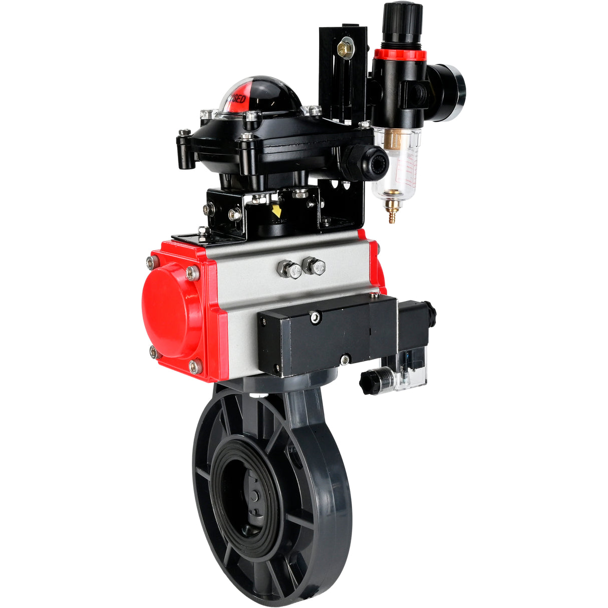Butterfly valves Elephant WBV4242E-2W-Fb-ISO, body material - UPVC, disc material - UPVC, seal - EPDM, with pneumatic actuator double action PA-DA, pneumatic distributor 4M310-08 220V, LSU APL-210N and ATU AFC2000