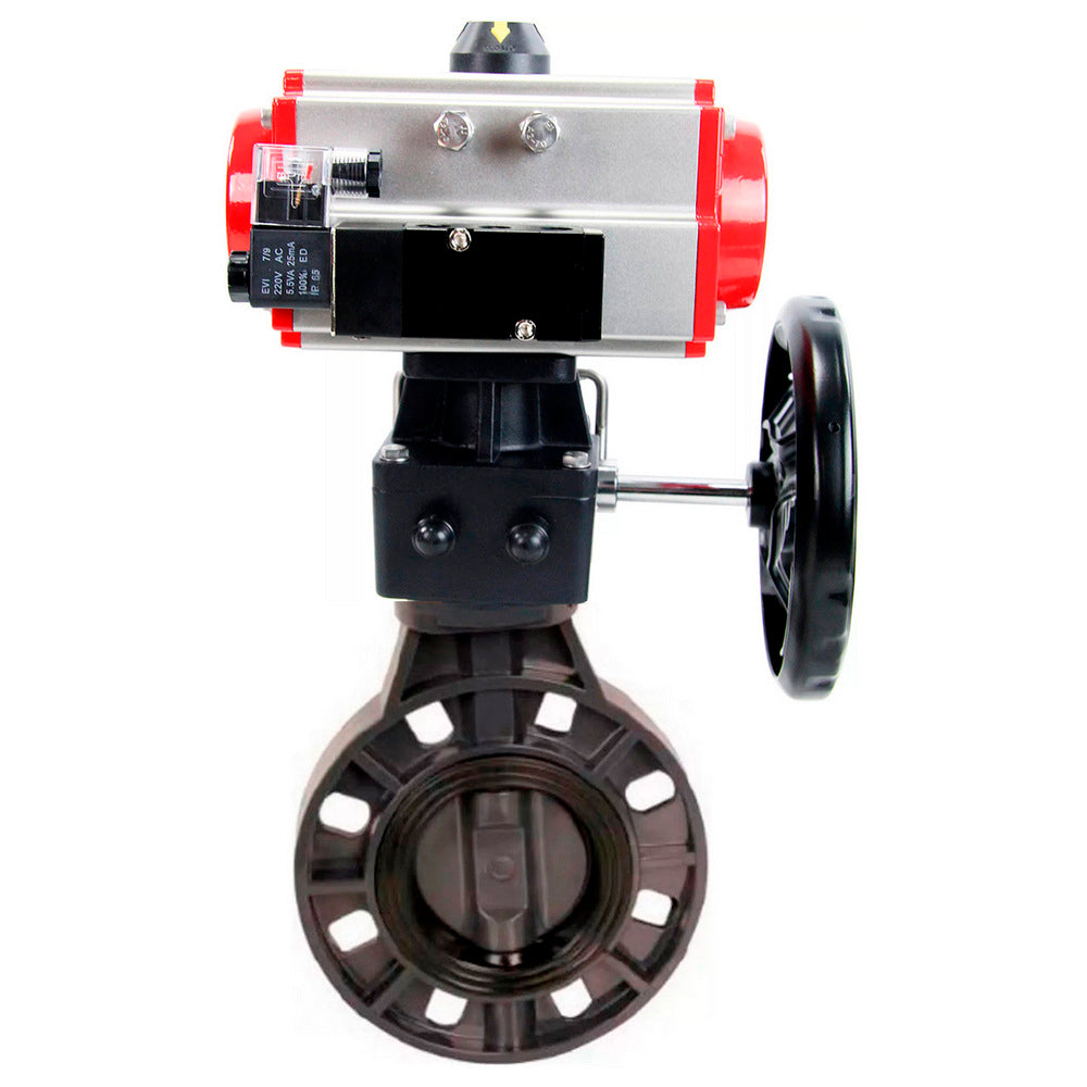 Butterfly valves Elephant WBV4242E-2W-Fb-ISO, body material - UPVC, disc material - UPVC, seal - EPDM, with pneumatic actuator double action PA-DA, pneumatic distributor 4M310-08 24V and handwheel MON