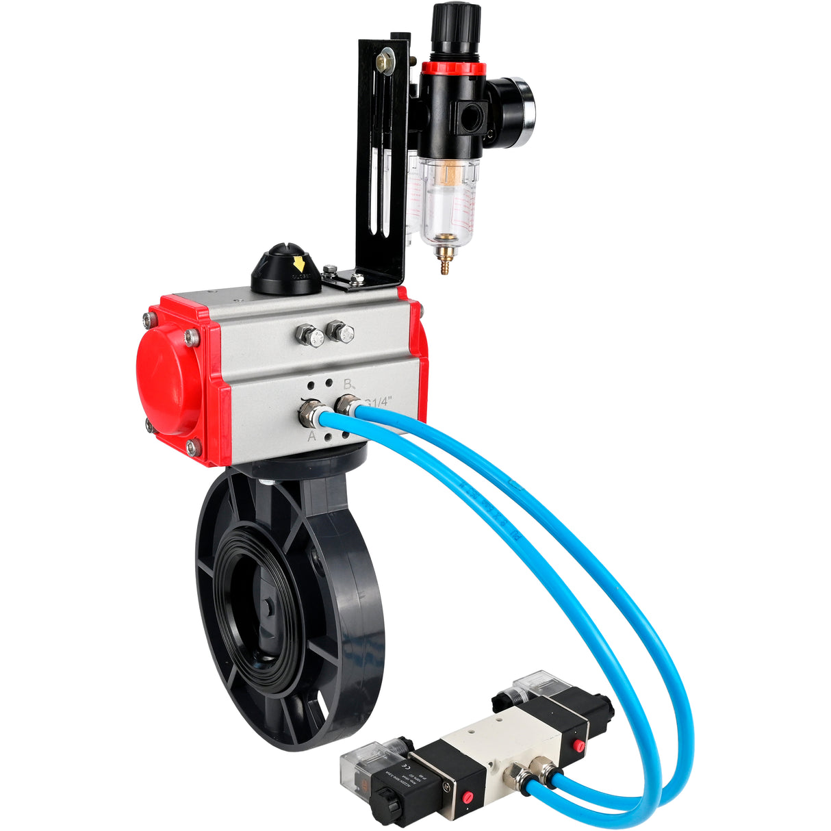Butterfly valves Elephant WBV4242E-2W-Fb-ISO, body material - UPVC, disc material - UPVC, seal - EPDM, with pneumatic actuator double action PA-DA, pneumatic distributor 4V320-08 220V and ATU AFC2000
