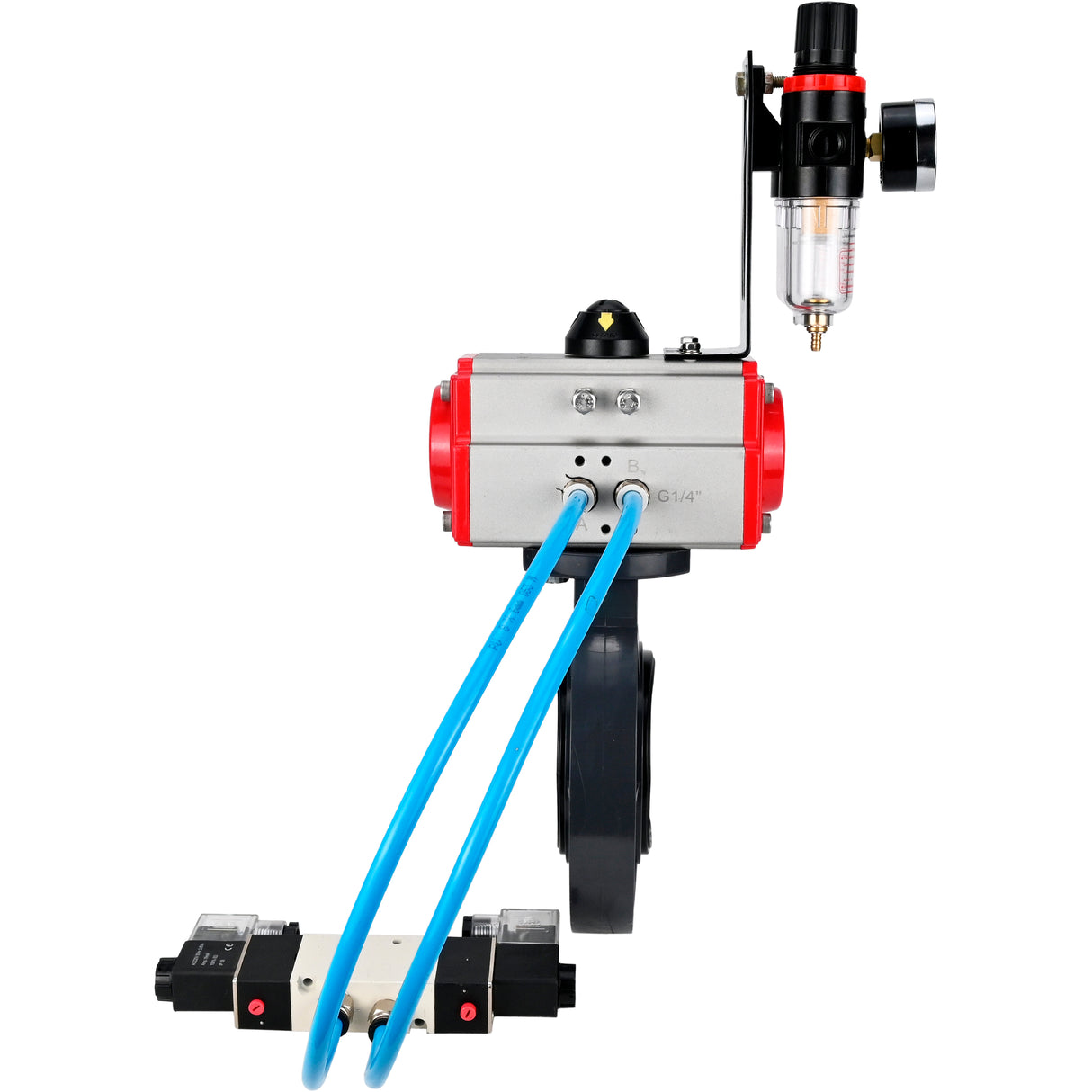 Butterfly valves Elephant WBV4242E-2W-Fb-ISO, body material - UPVC, disc material - UPVC, seal - EPDM, with pneumatic actuator double action PA-DA, pneumatic distributor 4V320-08 220V and ATU AFC2000