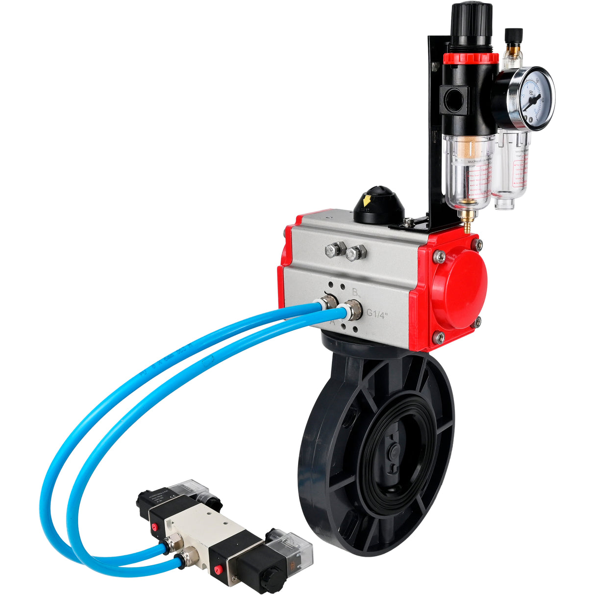 Butterfly valves Elephant WBV4242E-2W-Fb-ISO, body material - UPVC, disc material - UPVC, seal - EPDM, with pneumatic actuator double action PA-DA, pneumatic distributor 4V320-08 220V and ATU AFC2000