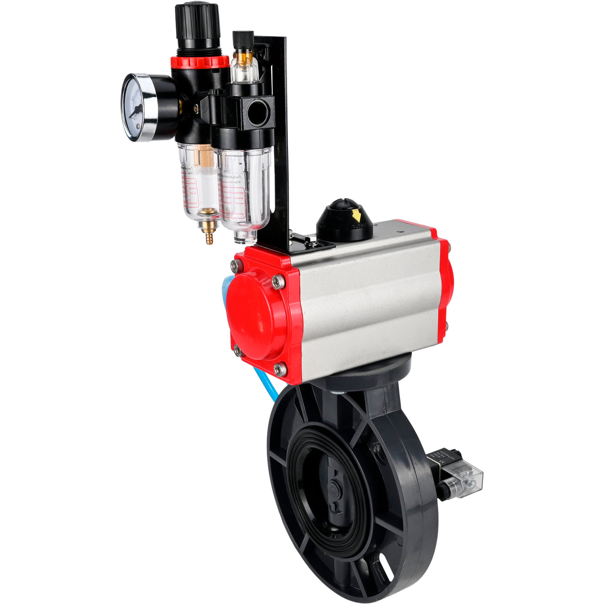 Butterfly valves Elephant WBV4242E-2W-Fb-ISO, body material - UPVC, disc material - UPVC, seal - EPDM, with pneumatic actuator double action PA-DA, pneumatic distributor 4V320-08 220V and ATU AFC2000