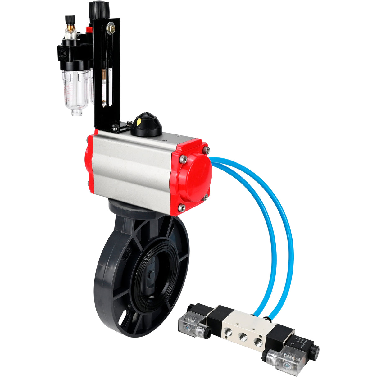 Butterfly valves Elephant WBV4242E-2W-Fb-ISO, body material - UPVC, disc material - UPVC, seal - EPDM, with pneumatic actuator double action PA-DA, pneumatic distributor 4V320-08 220V and ATU AFC2000