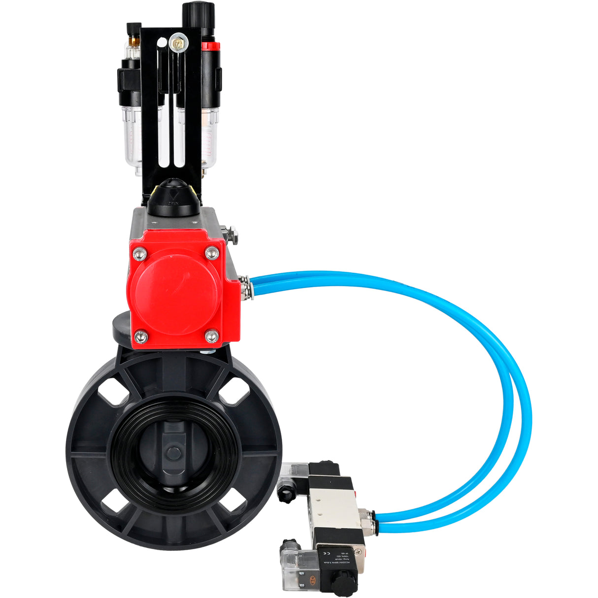 Butterfly valves Elephant WBV4242E-2W-Fb-ISO, body material - UPVC, disc material - UPVC, seal - EPDM, with pneumatic actuator double action PA-DA, pneumatic distributor 4V320-08 220V and ATU AFC2000