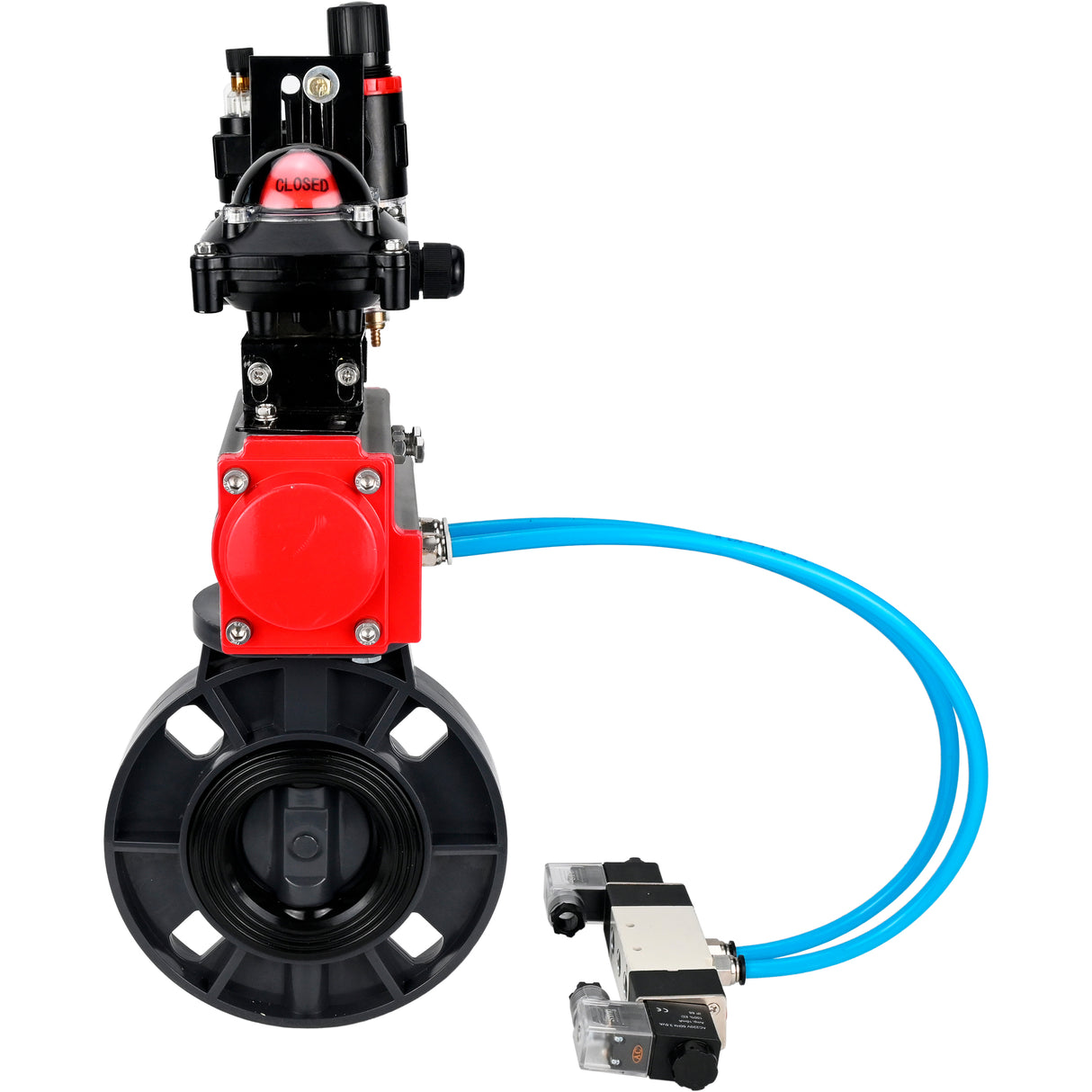 Butterfly valves Elephant WBV4242E-2W-Fb-ISO, body material - UPVC, disc material - UPVC, seal - EPDM, with pneumatic actuator double action PA-DA, pneumatic distributor 4V320-10 220V, LSU APL-210N and ATU AFC2000