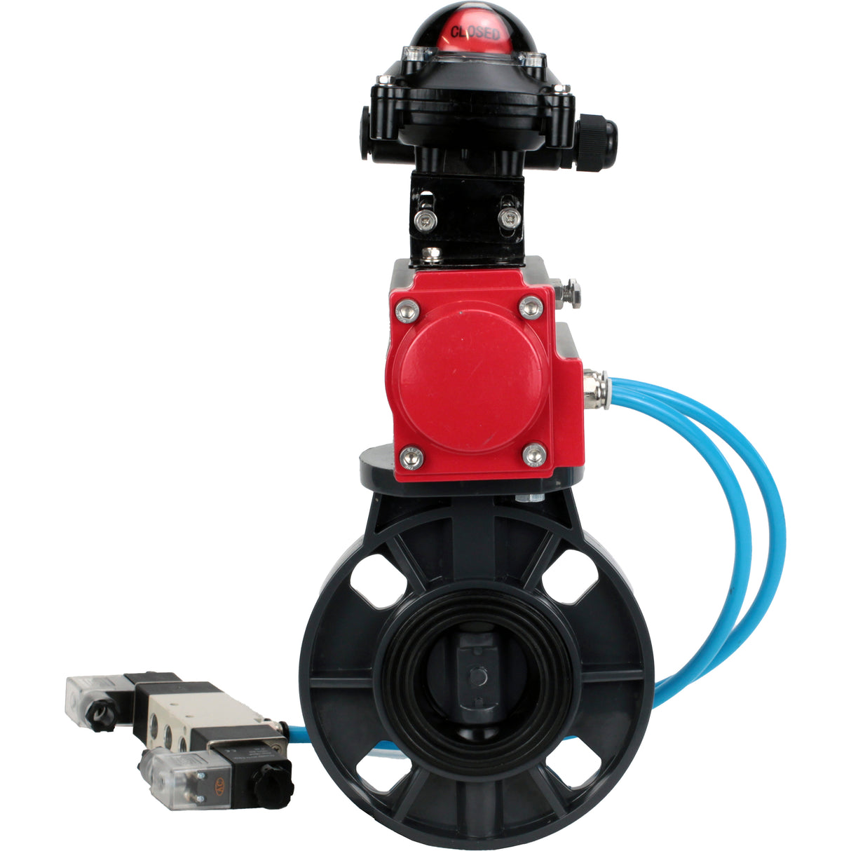 Butterfly valves Elephant WBV4242E-2W-Fb-ISO, body material - UPVC, disc material - UPVC, seal - EPDM, with pneumatic actuator double action PA-DA, pneumatic distributor 4V320-10 220V and LSU APL-210N