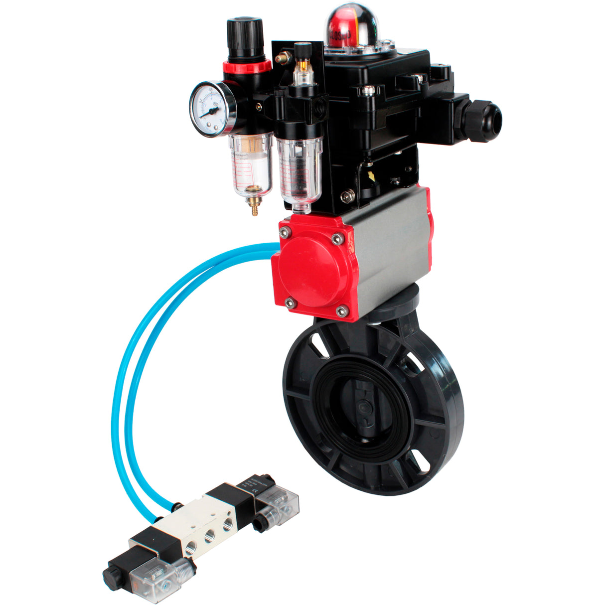 Butterfly valves Elephant WBV4242E-2W-Fb-ISO, body material - UPVC, disc material - UPVC, seal - EPDM, with pneumatic actuator double action PA-DA, pneumatic distributor 4V320-10 220V, LSU APL-410N EX and ATU AFC2000
