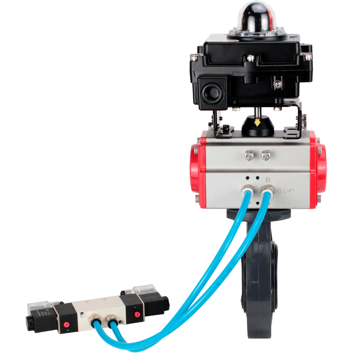 Butterfly valves Elephant WBV4242E-2W-Fb-ISO, body material - UPVC, disc material - UPVC, seal - EPDM, with pneumatic actuator double action PA-DA, pneumatic distributor 4V320-10 220V and LSU APL-410N EX