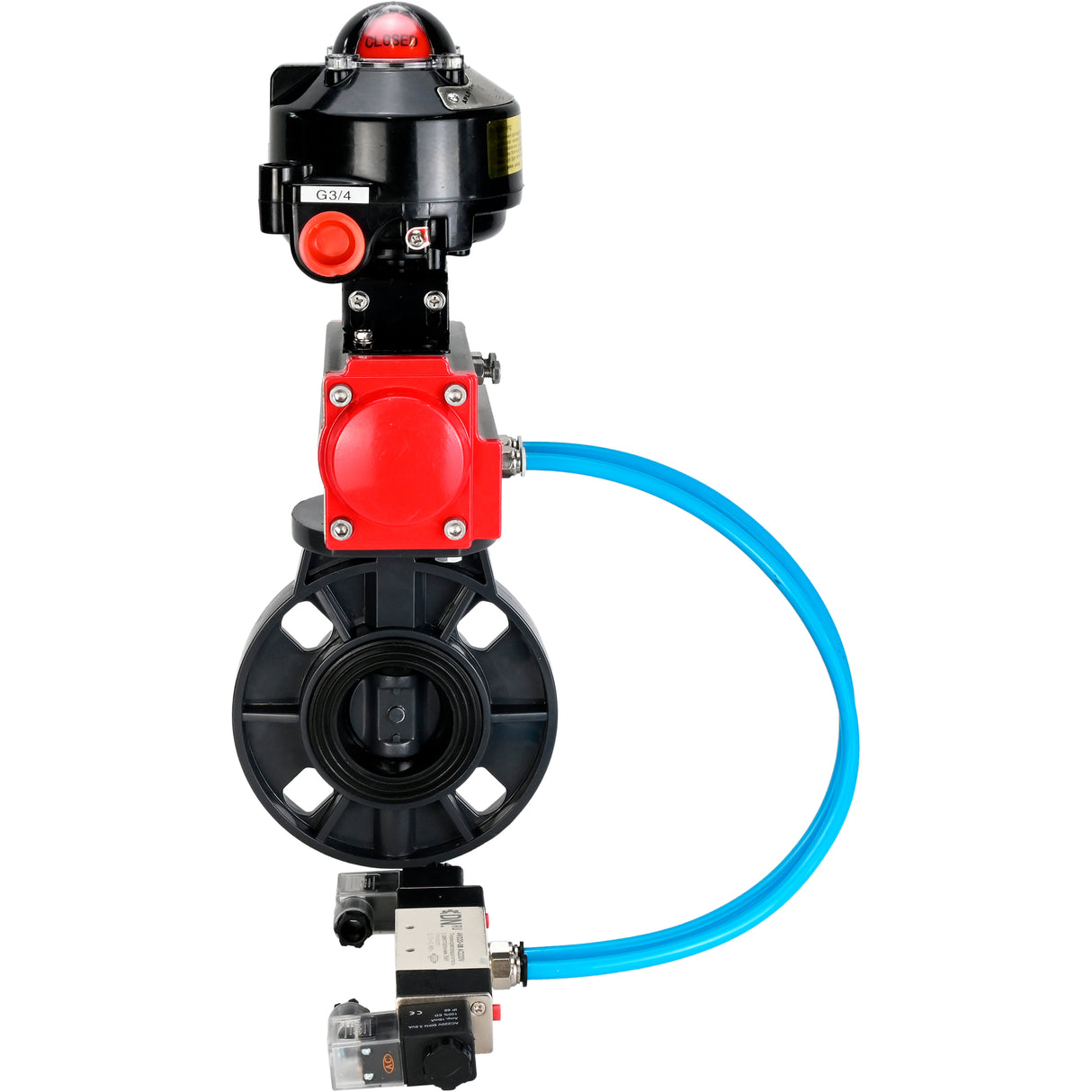 Butterfly valves Elephant WBV4242E-2W-Fb-ISO, body material - UPVC, disc material - UPVC, seal - EPDM, with pneumatic actuator double action PA-DA, pneumatic distributor 4V320-10 220V and LSU APL-510N EX