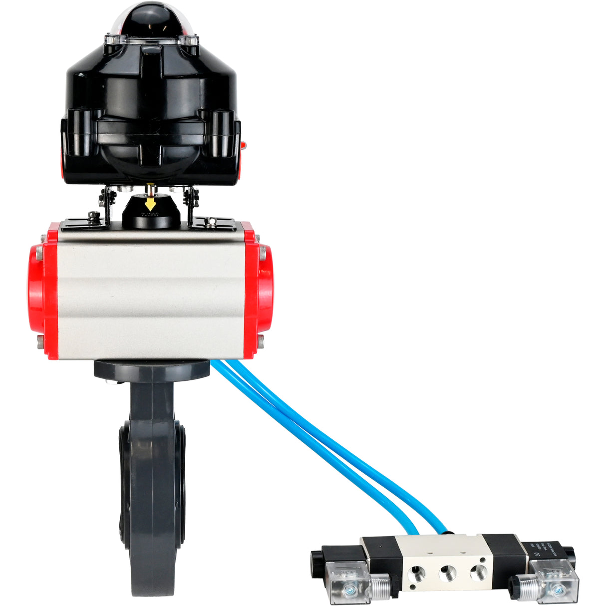 Butterfly valves Elephant WBV4242E-2W-Fb-ISO, body material - UPVC, disc material - UPVC, seal - EPDM, with pneumatic actuator double action PA-DA, pneumatic distributor 4V320-10 220V and LSU APL-510N EX