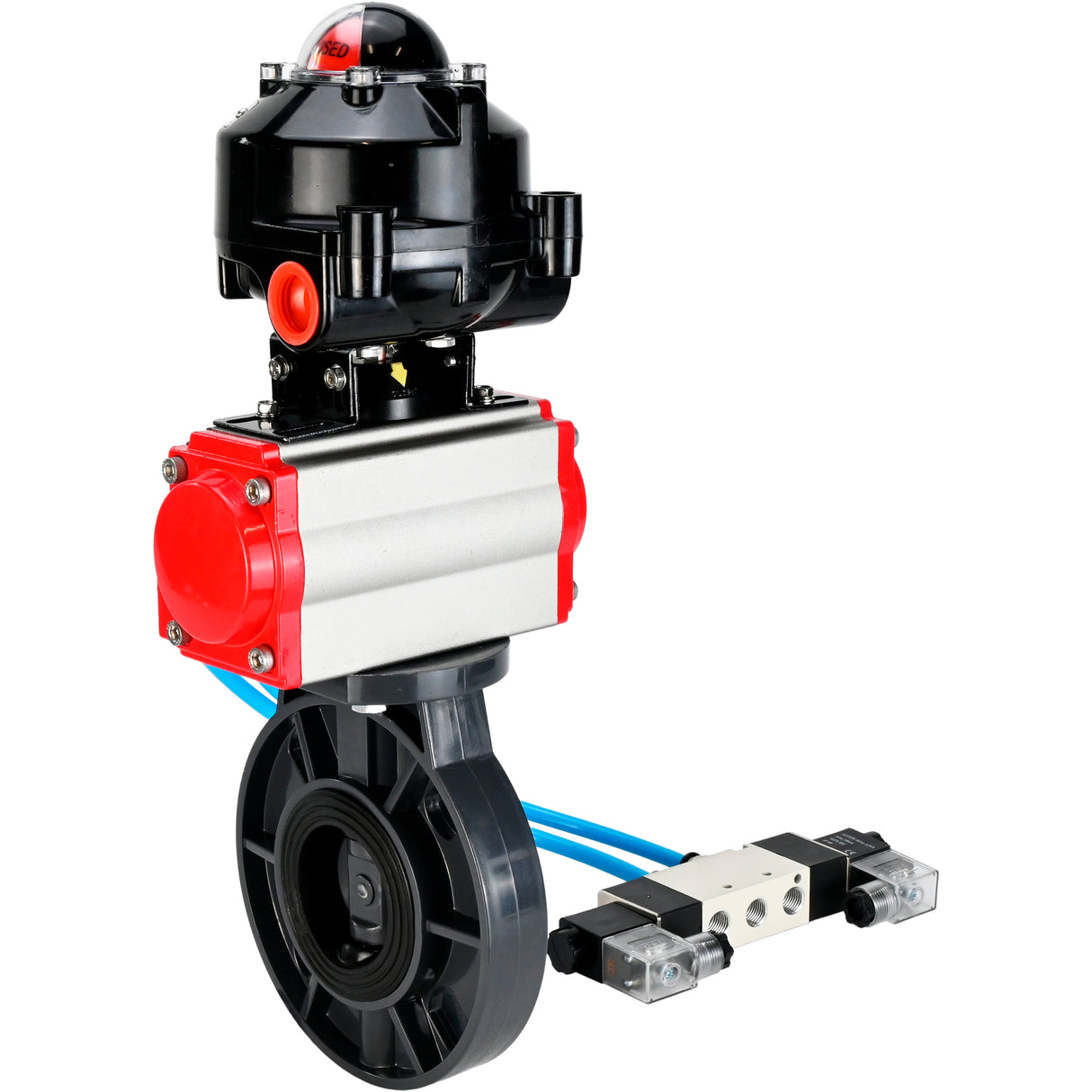 Butterfly valves Elephant WBV4242E-2W-Fb-ISO, body material - UPVC, disc material - UPVC, seal - EPDM, with pneumatic actuator double action PA-DA, pneumatic distributor 4V320-10 220V and LSU APL-510N EX