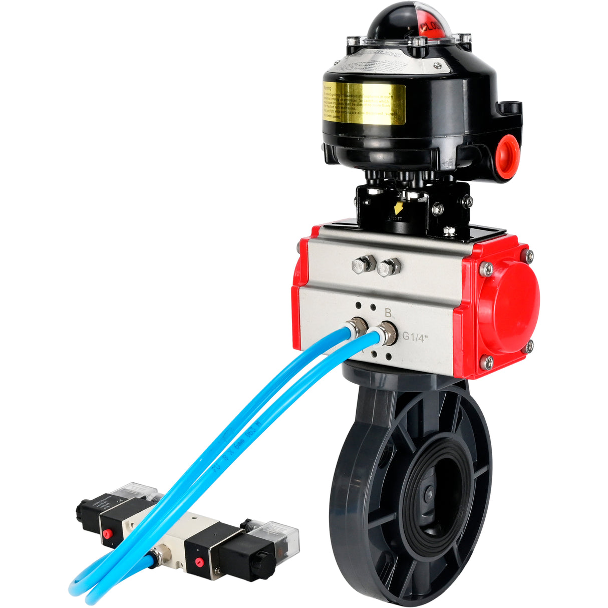 Butterfly valves Elephant WBV4242E-2W-Fb-ISO, body material - UPVC, disc material - UPVC, seal - EPDM, with pneumatic actuator double action PA-DA, pneumatic distributor 4V320-10 220V and LSU APL-510N EX