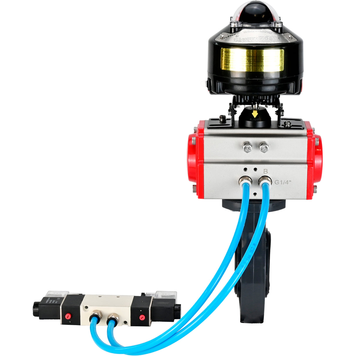 Butterfly valves Elephant WBV4242E-2W-Fb-ISO, body material - UPVC, disc material - UPVC, seal - EPDM, with pneumatic actuator double action PA-DA, pneumatic distributor 4V320-10 220V and LSU APL-510N EX