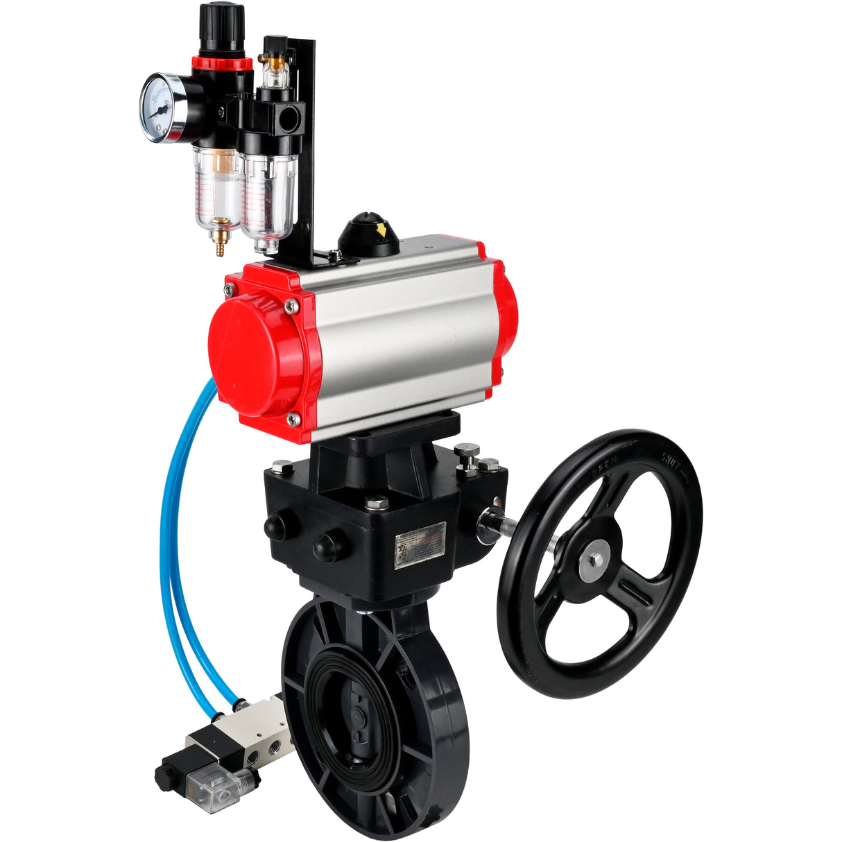 Butterfly valves Elephant WBV4242E-2W-Fb-ISO, body material - UPVC, disc material - UPVC, seal - EPDM, with pneumatic actuator double action PA-DA, pneumatic distributor 4V320-08 220V, ATU AFC2000 and handwheel MON