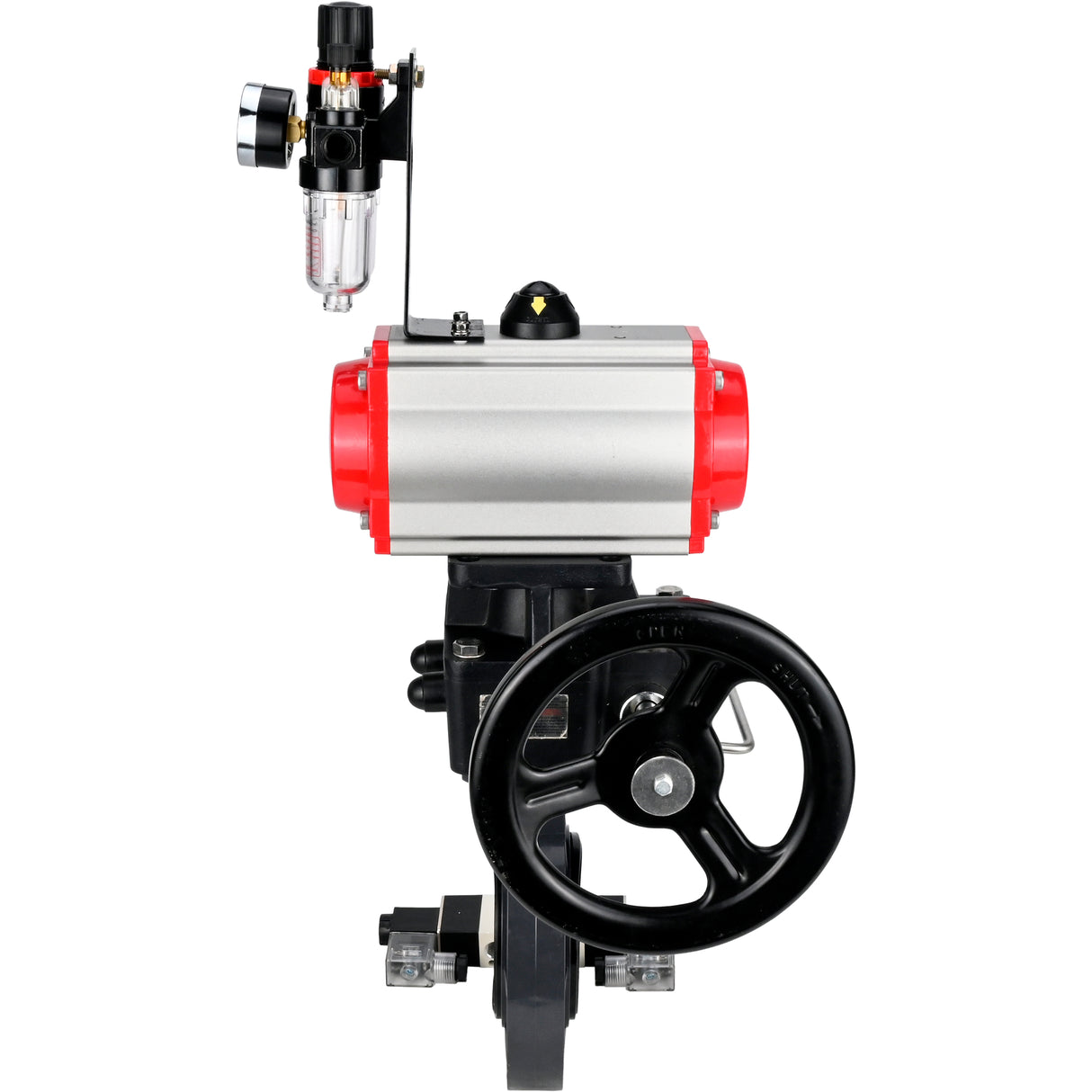 Butterfly valves Elephant WBV4242E-2W-Fb-ISO, body material - UPVC, disc material - UPVC, seal - EPDM, with pneumatic actuator double action PA-DA, pneumatic distributor 4V320-08 220V, ATU AFC2000 and handwheel MON