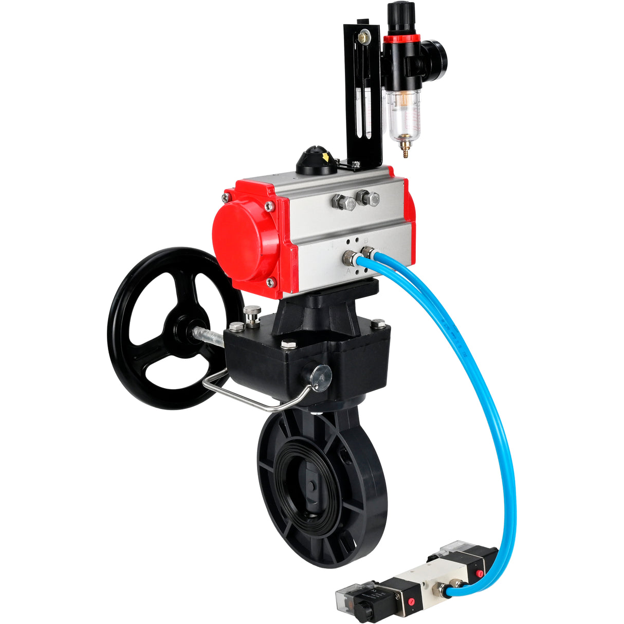 Butterfly valves Elephant WBV4242E-2W-Fb-ISO, body material - UPVC, disc material - UPVC, seal - EPDM, with pneumatic actuator double action PA-DA, pneumatic distributor 4V320-08 220V, ATU AFC2000 and handwheel MON