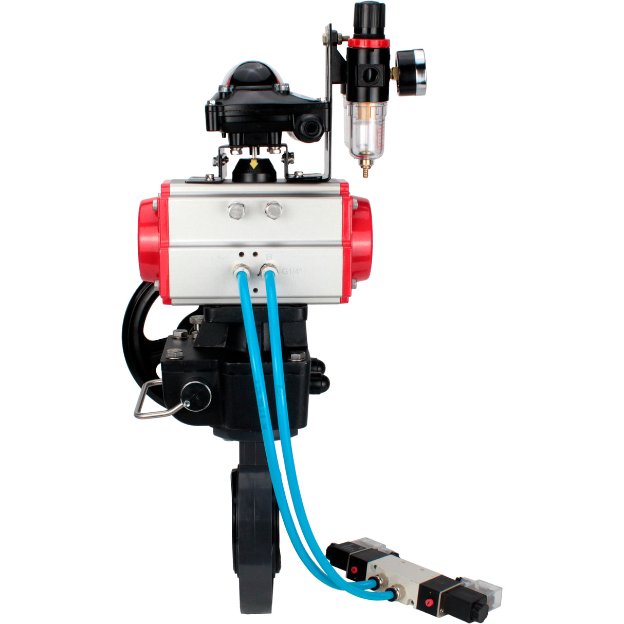 Butterfly valves Elephant WBV4242E-2W-Fb-ISO, body material - UPVC, disc material - UPVC, seal - EPDM, with pneumatic actuator double action PA-DA, pneumatic distributor 4V320-10 220V, LSU APL-210N, ATU AFC2000 and handwheel MON