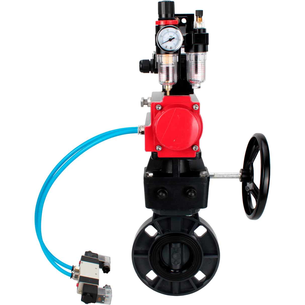 Butterfly valves Elephant WBV4242E-2W-Fb-ISO, body material - UPVC, disc material - UPVC, seal - EPDM, with pneumatic actuator double action PA-DA, pneumatic distributor 4V320-10 220V, LSU APL-210N, ATU AFC2000 and handwheel MON