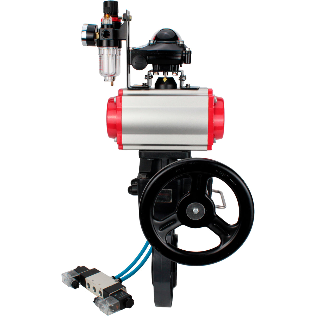 Butterfly valves Elephant WBV4242E-2W-Fb-ISO, body material - UPVC, disc material - UPVC, seal - EPDM, with pneumatic actuator double action PA-DA, pneumatic distributor 4V320-10 220V, LSU APL-210N, ATU AFC2000 and handwheel MON
