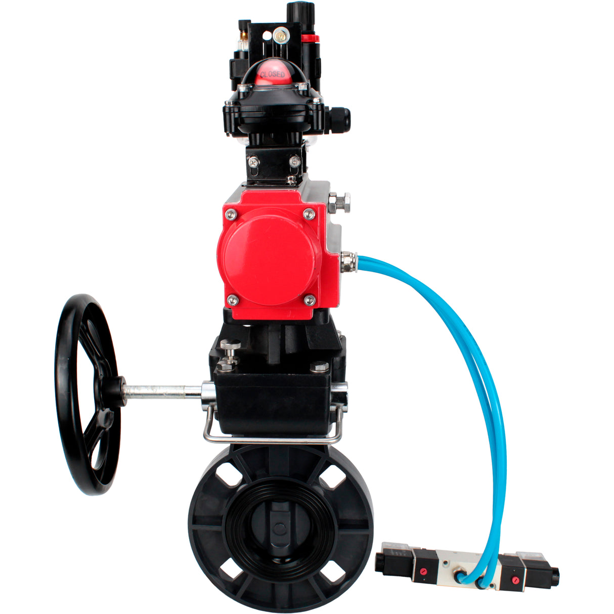 Butterfly valves Elephant WBV4242E-2W-Fb-ISO, body material - UPVC, disc material - UPVC, seal - EPDM, with pneumatic actuator double action PA-DA, pneumatic distributor 4V320-10 220V, LSU APL-210N, ATU AFC2000 and handwheel MON