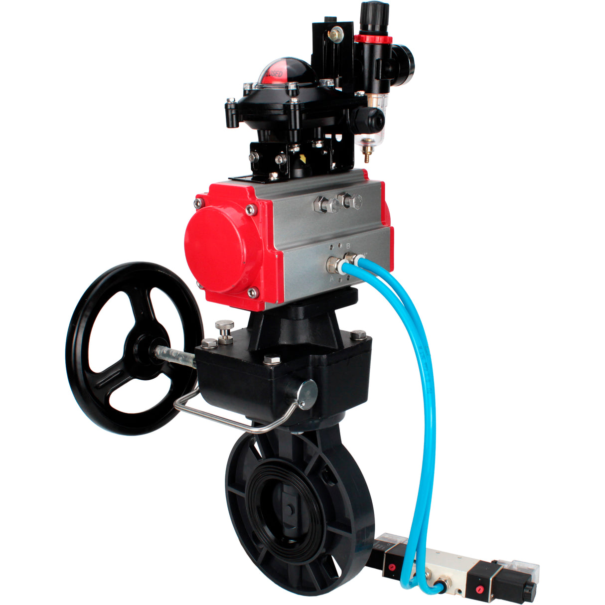 Butterfly valves Elephant WBV4242E-2W-Fb-ISO, body material - UPVC, disc material - UPVC, seal - EPDM, with pneumatic actuator double action PA-DA, pneumatic distributor 4V320-08 220V, LSU APL-210N, ATU AFC2000 and handwheel MON