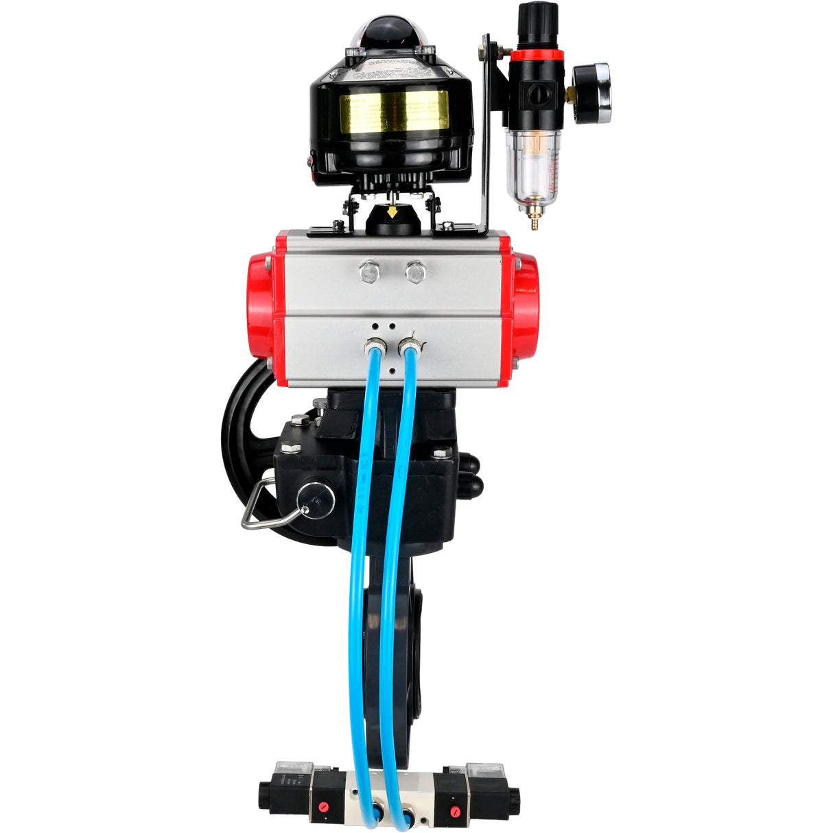 Butterfly valves Elephant WBV4242E-2W-Fb-ISO, body material - UPVC, disc material - UPVC, seal - EPDM, with pneumatic actuator double action PA-DA, pneumatic distributor 4V320-08 220V, LSU APL-510N EX, ATU AFC2000 and handwheel MON